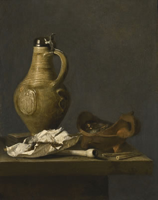 STILL LIFE WITH AN EARTHENWARE JUG, A DECK OF CARDS AND SMOKING PARAPHERNALIA