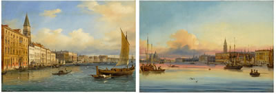 VENICE, A VIEW OF THE MOLO LOOKING EAST; VENICE, A VIEW OF THE ENTRANCE TO THE GRAND CANAL AT SUNSET (pair)