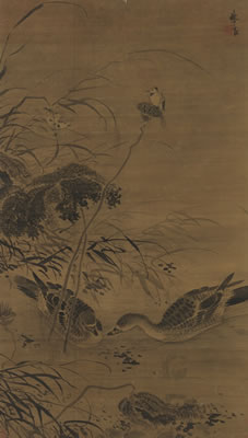 TWO GEESE IN AN AUTUMN LOTUS POND