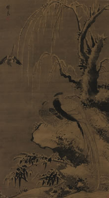 TWO PHEASANTS UNDER A WINTRY WILLOW TREE