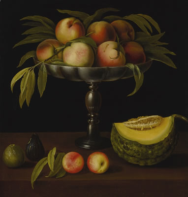 STILL LIFE WITH A RAISED STAND, PEACHES, FIGS, AND A PUMPKIN, ALL ON A MARBLE LEDGE