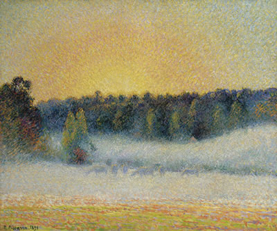 PRAIRIE AVEC VACHES, BRUME, SOLEIL COUCHANT À ÉRAGNY