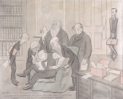 ‘DRAUGHTING A BILL AT THE BOARD OF TRADE’ (‘MR CHURCHILL: “OH, I UNDERSTAND ALL THESE FIGURES, RIGHT ENOUGH. WHAT WE’VE GOT TO DO, GENTLEMEN, IS TO PUT SOME - ER - HUMANISING GINGER INTO ’EM”’)