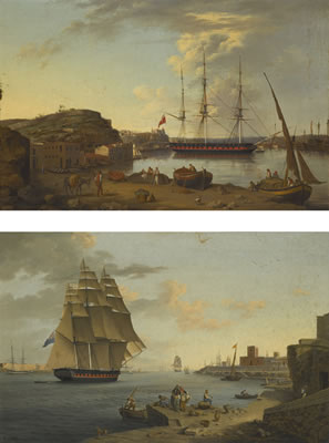 A BRITISH FRIGATE AT ANCHOR, PORT MAHON, MINORCA; A BRITISH FRIGATE LEAVING PORT MAHON, MINORCA