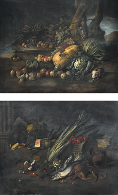 STILL LIFE OF VEGETABLES ON A FOREST FLOOR; STILL LIFE WITH FISH AND MUSHROOMS