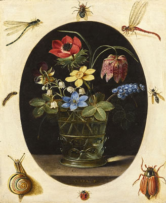 STILL LIFE WITH FLOWERS IN A GLASS VASE SURROUNDED BY INSECTS AND A SNAIL