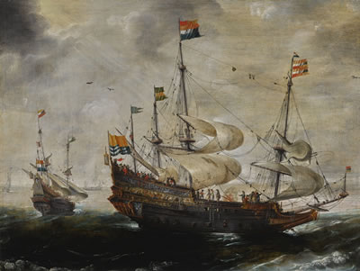 A FOUR-MASTED SHIP FLYING THE FLAG OF ZEELAND, ANOTHER VESSEL BEYOND