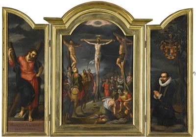A TRIPTYCH: CENTRAL PANEL: THE CRUCIFIXION LEFT WING: SAINT ANDREW RIGHT WING: A KNEELING MALE DONOR OF THE ESCALERA FAMILY by Gillis Mostaert - Auction record, sale price, and art valuation. Compare with similar artists and explore comparable artworks.
