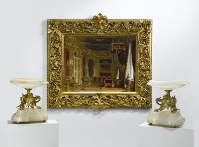KING LUDWIG II'S RED ROOM, WITH A PAIR OF NAPOLEON III GILT BRONZE AND WHITE ONYX TAZZE, CIRCA 1870 (3) by Reinhard Sebastian Zimmermann - Auction record, sale price, and art valuation. Compare with similar artists and explore comparable artworks.