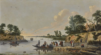 A LANDSCAPE WITH FERRIES CROSSING A RIVER
