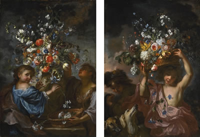 TWO ORNATE STILL LIFES: THE FORMER WITH TWO GIRLS LAYING OUT FLOWERS IN AN URN, THE FIGURES BY GIACINTO BRANDI; THE LATTER WITH A BOY HOLDING UP A BASKET OF FLOWERS BESIDE TWO DOGS, THE FIGURES BY GIOVAN BATTISTA GAULLI, CALLED BACICCIO (2) by Karel Van Vogelaer - Auction record, sale price, and art valuation. Compare with similar artists and explore comparable artworks.