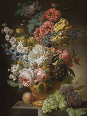 STILL LIFE OF ROSES, TULIPS, CARNATIONS AND OTHER FLOWERS IN AN URN ON A STONE LEDGE, WITH PEACHES AND GRAPES