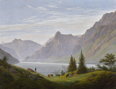 LANDSCHAFT MIT GEBIRGSEE, MORGEN (LANDSCAPE WITH MOUNTAIN LAKE, MORNING)