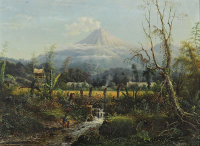 A JAVANESE VILLAGE WITH A VOLCANO BEYOND, THOUGHT TO BE MOUNT SEMERU by Maurits Ernest Hugo Kerkhoff - Auction record, sale price, and art valuation. Compare with similar artists and explore comparable artworks.