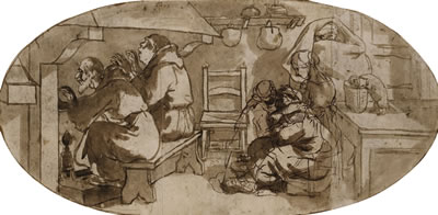 WO MONKS WARMING THEMSELVES BY A HEARTH, TWO FURTHER FIGURES ON THE RIGHT WITH ANOTHER TWO FIGURES DRAWN OVER THE TOP