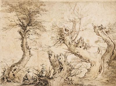 LANDSCAPE WITH FOUR GNARLED TREES AND TWO RESTING WOMEN