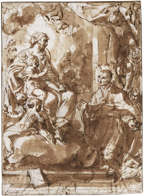 RECTO: THE VIRGIN AND CHILD APPEARING TO A BISHOP SAINT, POSSIBLY CARLO BORROMEO VERSO: STUDIES OF HEADS AND RECLINING MALE FIGURE