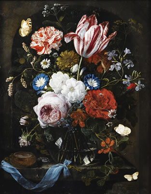 A STILL LIFE OF A RED AND WHITE TULIP, A CARNATION, ROSES, FORGET-ME-NOTS, DWARF MORNING GLORY, NASTURTIUMS AND OTHER FLOWERS IN A GLASS VASE TOGETHER WITH BUTTERFLIES AND OTHER INSECTS, ALL ON A STONE LEDGE WITH A WATCH AND A KEY ON A BLUE SATIN RIBBON