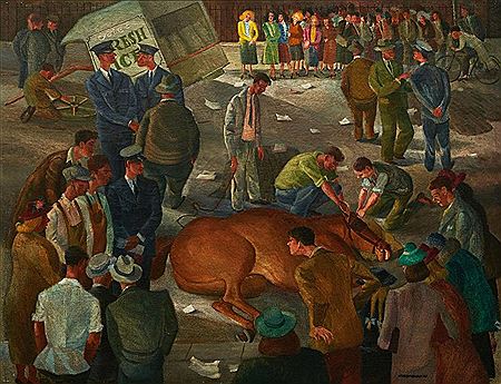 The Accident: Horse and Fresh Ice Cart by Hal Missingham - Auction record, sale price, and art valuation. Compare with similar artists and explore comparable artworks.