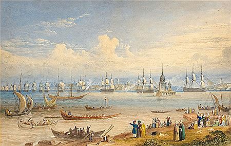 Shipping on the Bosphorus near Maiden's Tower, Constantinoplesigned