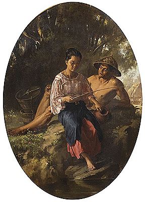 Pareja de jóvenes tagalos ante un río. 1879?