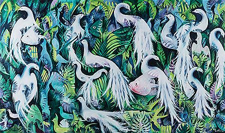 WHITE PEACOCKS AND FISH