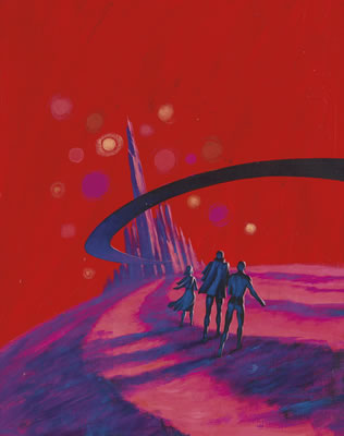 "In a city halfway across the galaxy an alien intelligence was addressing the strangest delegation since time began. . .