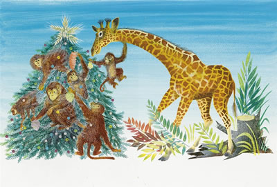 "The monkeys put the ornaments on. And the giraffe laid, at the top, a star." Double-page illustration for "The Golden Christmas Tree" by Leonard Weisgard - Auction record, sale price, and art valuation. Compare with similar artists and explore comparable artworks.