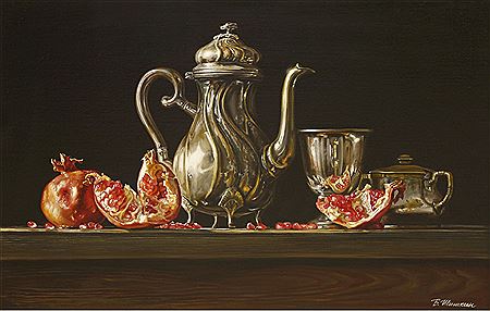 A STILL LIFE WITH A SILVER COFFEE POT AND A POMEGRANATE; A STILL LIFE WITH A SILVER TEAPOT AND A POMEGRANATE A pair