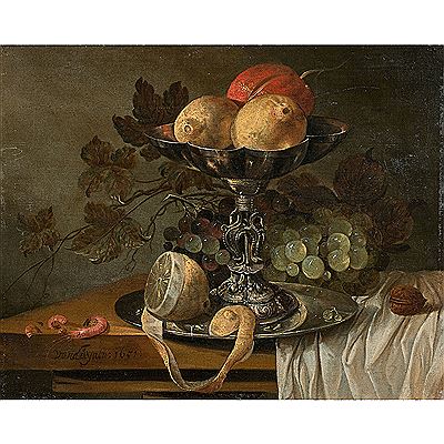 Nature morte à la tazza, au citron et aux crevettes sur un entablement