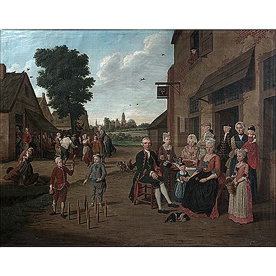 Family in front of an inn