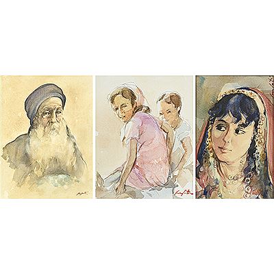 -?RABBIN TUNISIEN-?DEUX JEUNES FILLES ASSISES SUR UN MURET?TWO -JEUNE FILLE AU VOILE ROUGE(3)