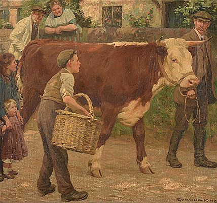 HEREFORD PRIZE BULL AND FIGURES IN A VILLAGE SETTING