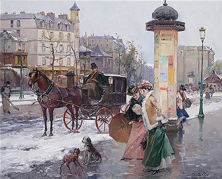 ELEGANT LADIES ON A SNOWBOUND PARISIAN STREET