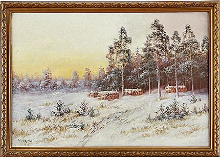 Soluppgång i vinterlandskap by Anselm Dahl - Auction record, sale price, and art valuation. Compare with similar artists and explore comparable artworks.