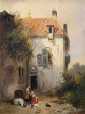 A sunlit house with two girls feeding the ducks