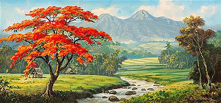 Landscape with flamboyant and vulcano
