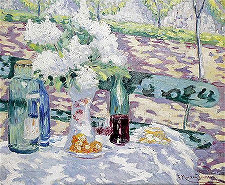 NATURE MORTE DE TABLE SERVIE DANS UN JARDIN