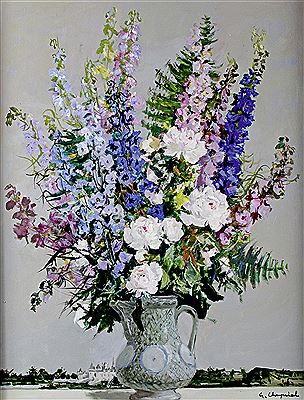 VASE DE PIVOINES ET DELPHINIUMS