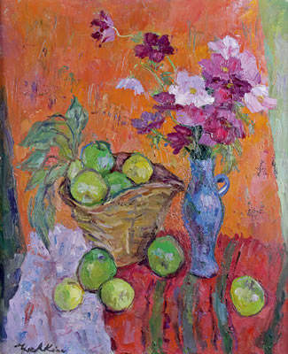 VASE DE FLEURS ET CORBEILLE DE FRUITS