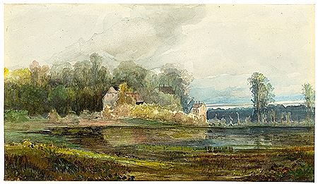 Teich mit Wald und Häusern