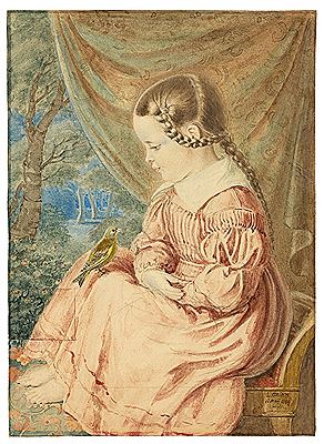 ""Die fünfjährige Ideke (Friederike) Grimm, die Tochter des Künstlers im roten Kleid mit einem Vogel, Profilbildnis""