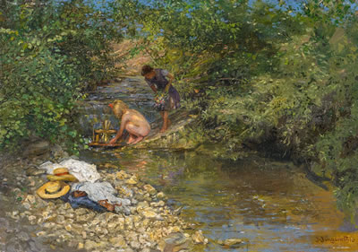 Badende Kinder am Waldbach (die Töchter des Künstlers?) by Josef Jungwirth - Auction record, sale price, and art valuation. Compare with similar artists and explore comparable artworks.