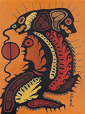 Sample artwork by Goyce Kakegamic (Born 1948), known for allegory, fantasy and ceremony painting, printmaking, teaching - View similar artists and auction records