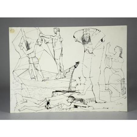 Man tied to the mast of a sailboat in the background with a man washed up on shore, a contorted man and a naked woman in the foreground