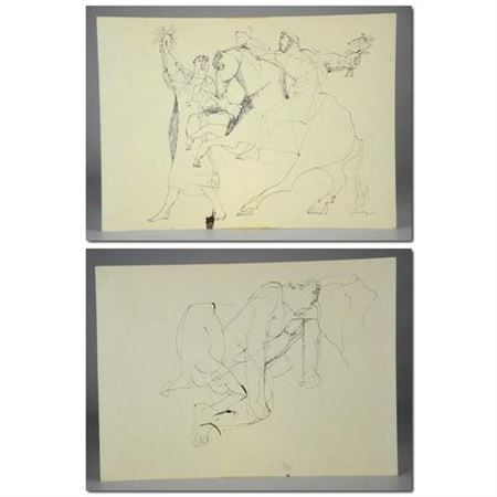 Man on horseback holding a bouquet of leaves being halted by another man holding a bouquet of leaves