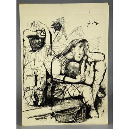 Sleeping woman cradling a baby in the foreground and a sleeping man the background