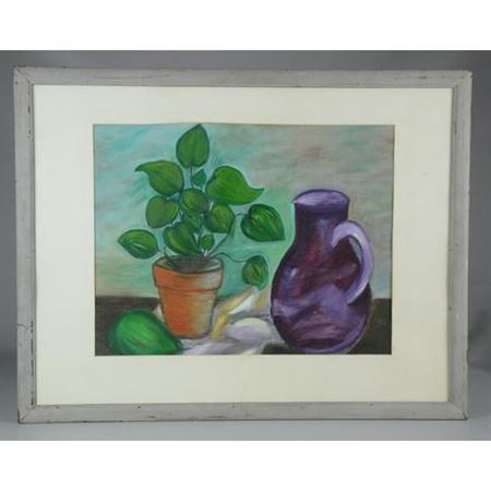 Still life painting of a potted plant and a purple jug