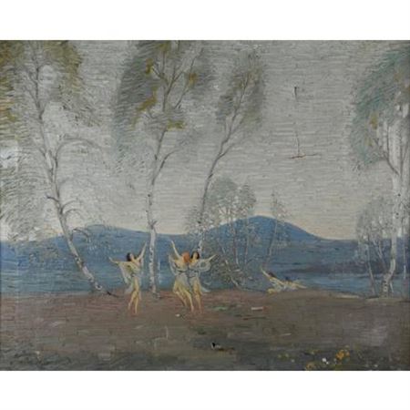 "The Three Birches" five women dancing in the woods near a pond