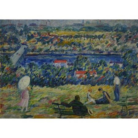 Riverfront scene with a bridge, woman with parasol, man on a bench, and people lounging